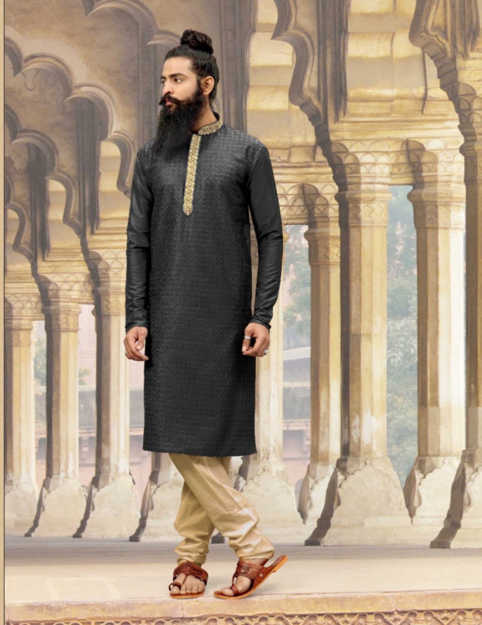 Alluring Black Color Neck Embroidery Work Slub Silk With Pajama Set