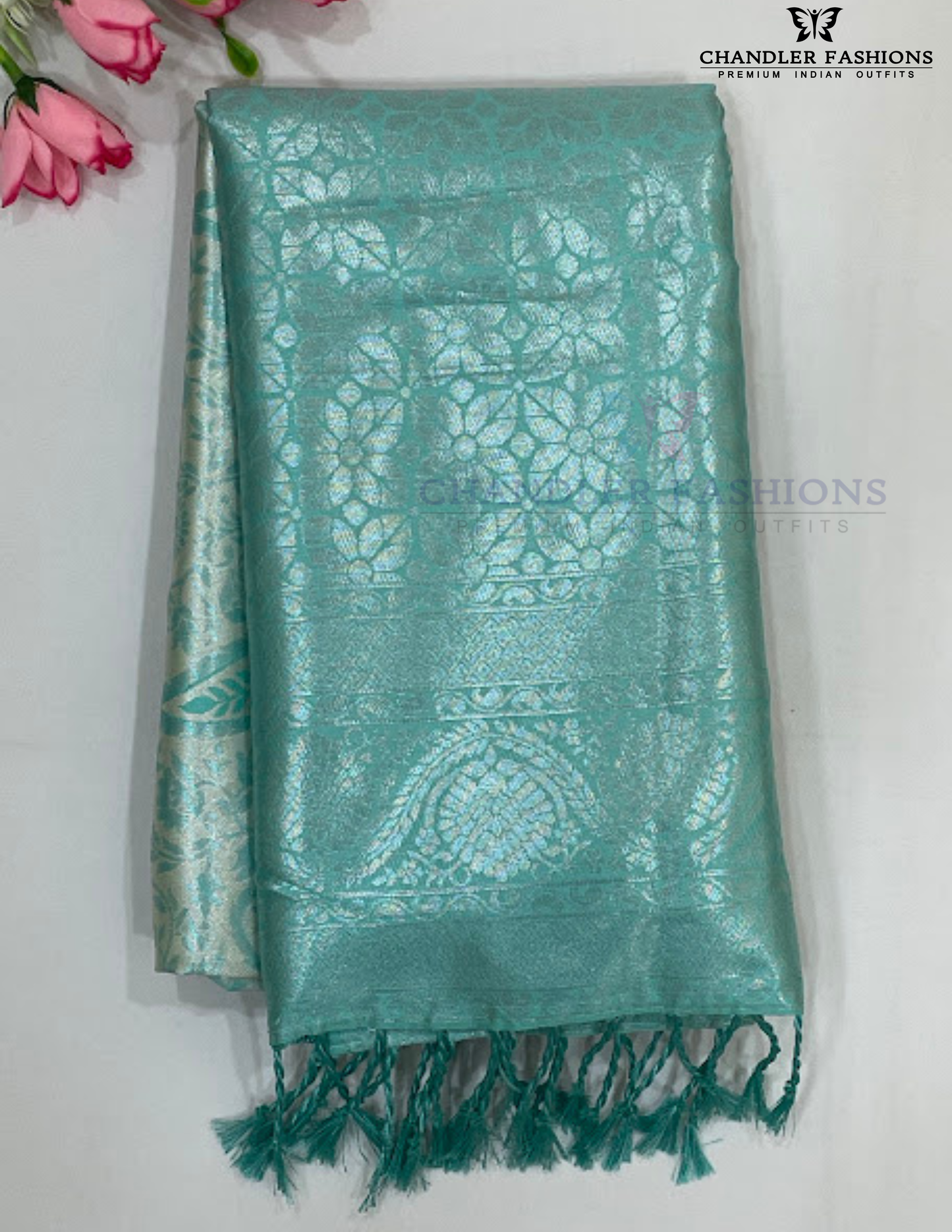 Charming Sky Blue Color Tissue Silk Saree With Contrast Pallu For Women