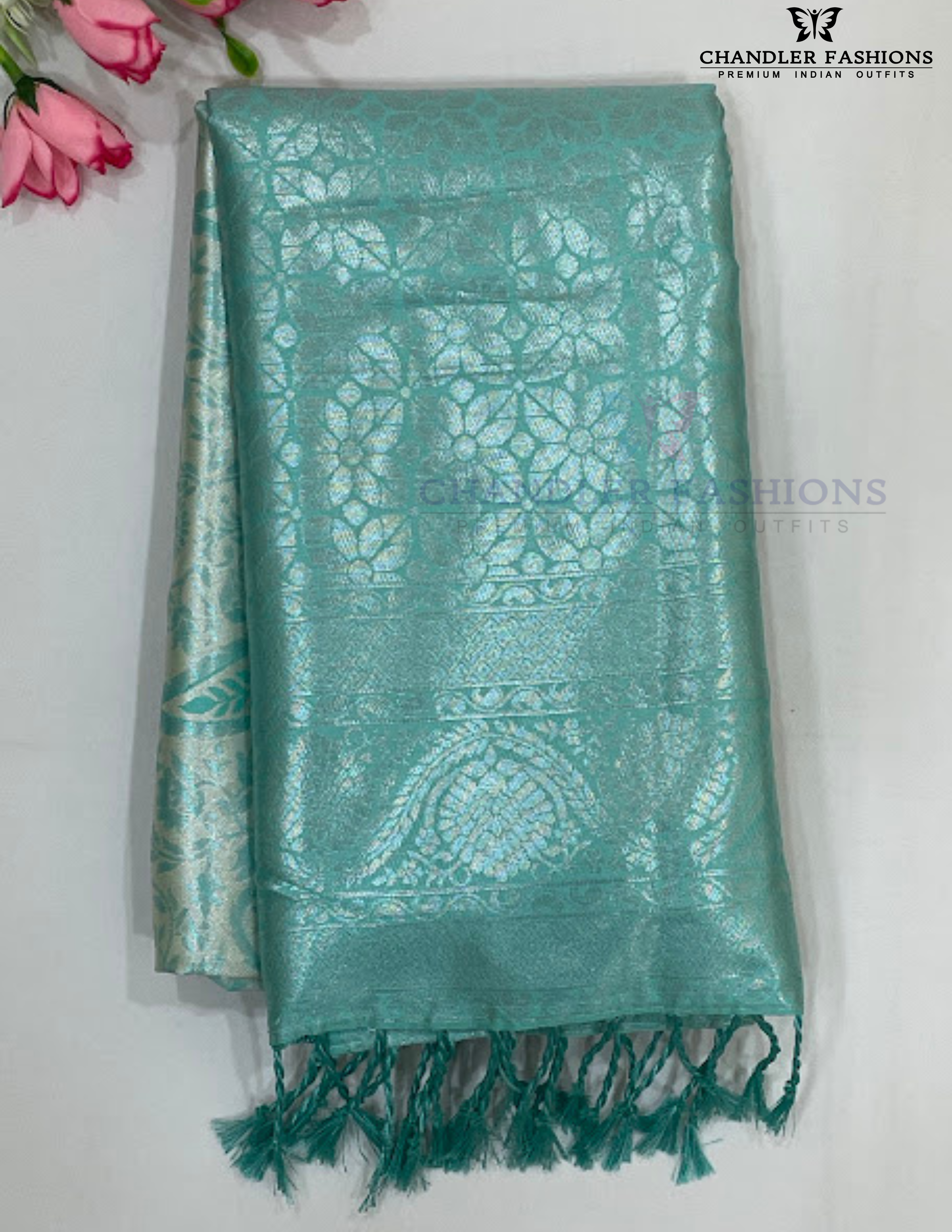 Charming Sky Blue Color Tissue Silk Saree With Contrast Pallu For Women