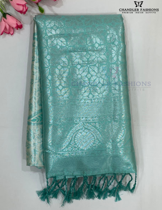 Charming Sky Blue Color Tissue Silk Saree With Contrast Pallu For Women
