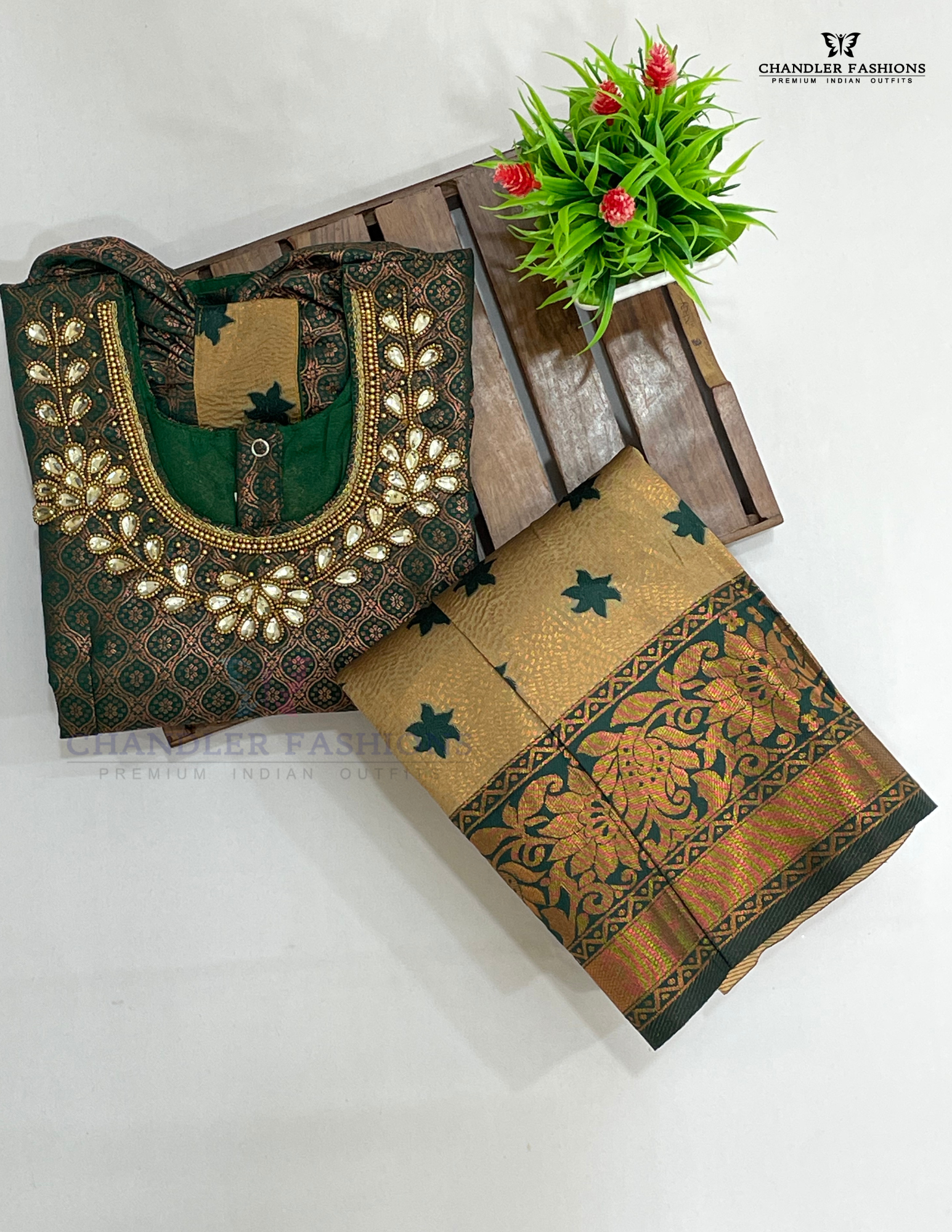 Green And Yellow Color Silk Langa Set With Stone Work In USA