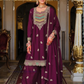 Stunning Wine Color Heavy Chinon With Embroidery Work Palazzo Suits For Women