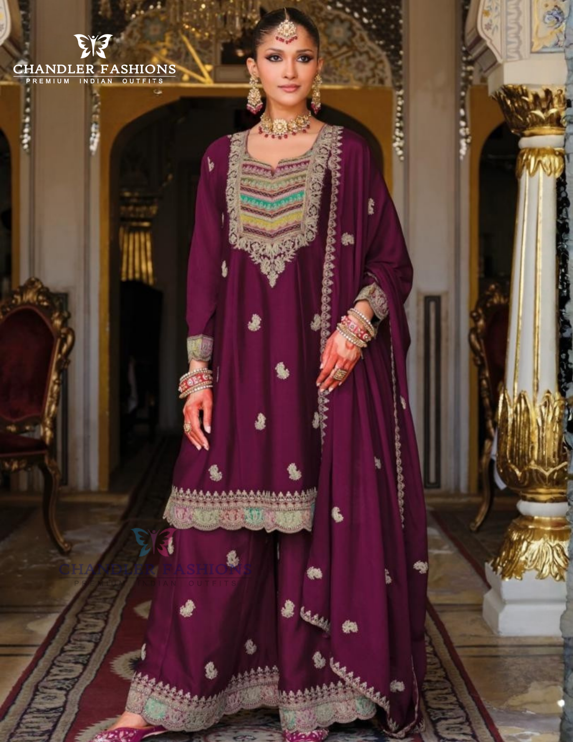 Stunning Wine Color Heavy Chinon With Embroidery Work Palazzo Suits For Women