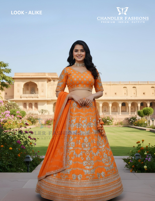 Attractive Orange Color Sequins And Zari Embroidery Work Lehenga For Women