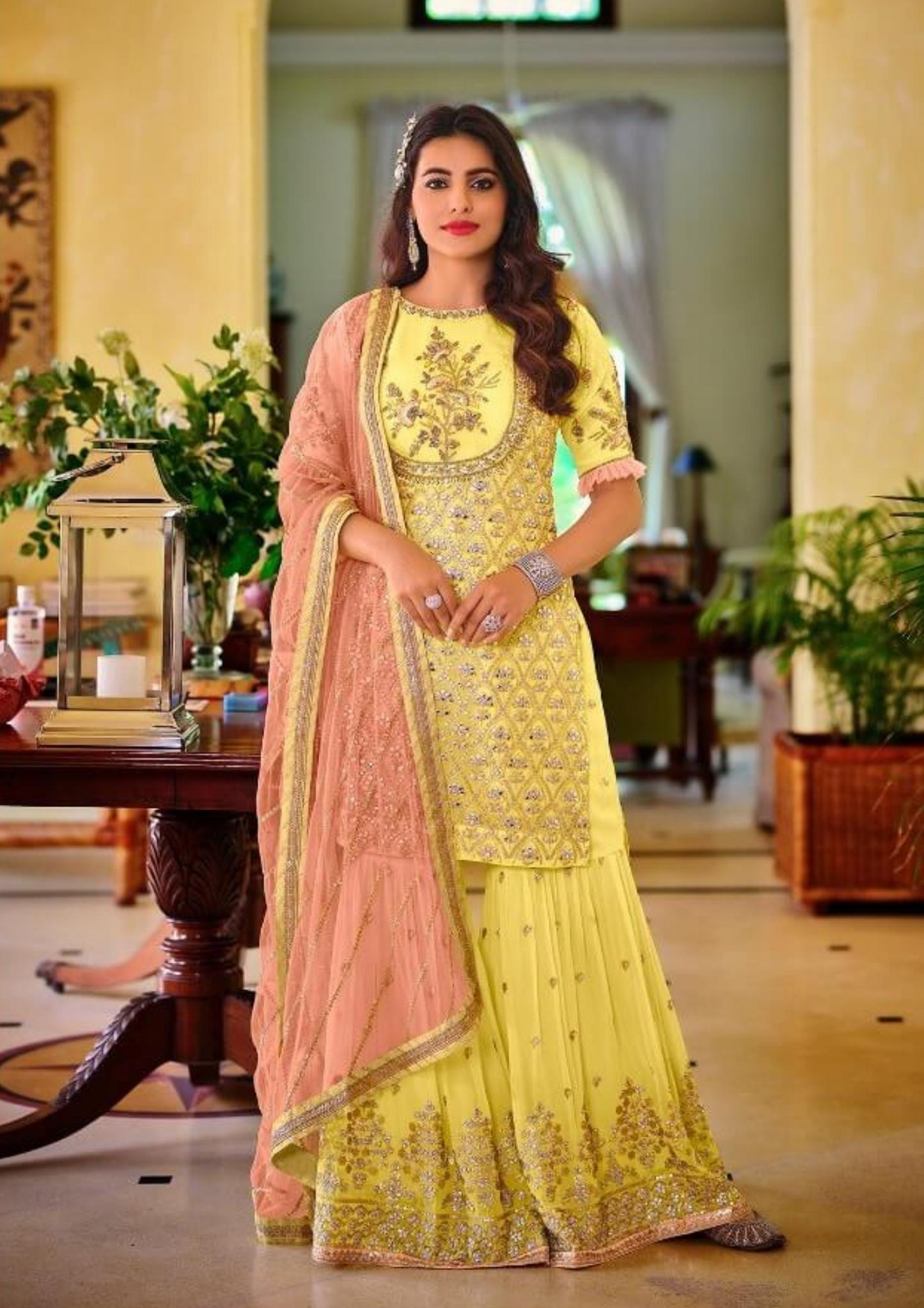 Pretty Yellow Color Fancy Embroidery Work With Faux Georgette Palazzo Suits With Dupatta