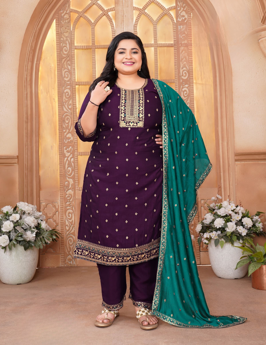 Graceful Dark Purple Color Sequins and Zari Embroidery Work Salwar Suits With Green Dupatta