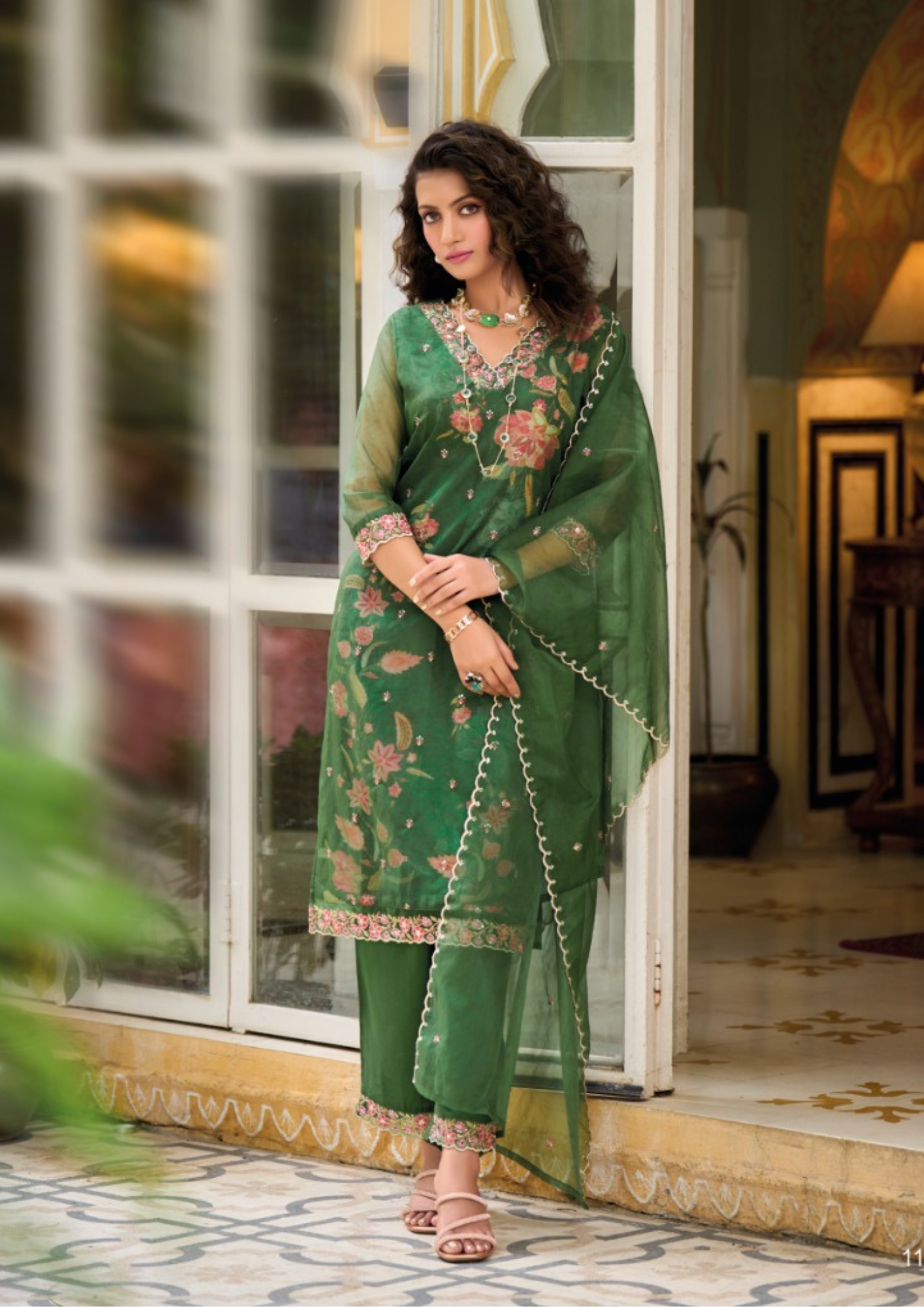 Alluring Green Color Organza Kurti With Embroidery work With Organza Dupatta