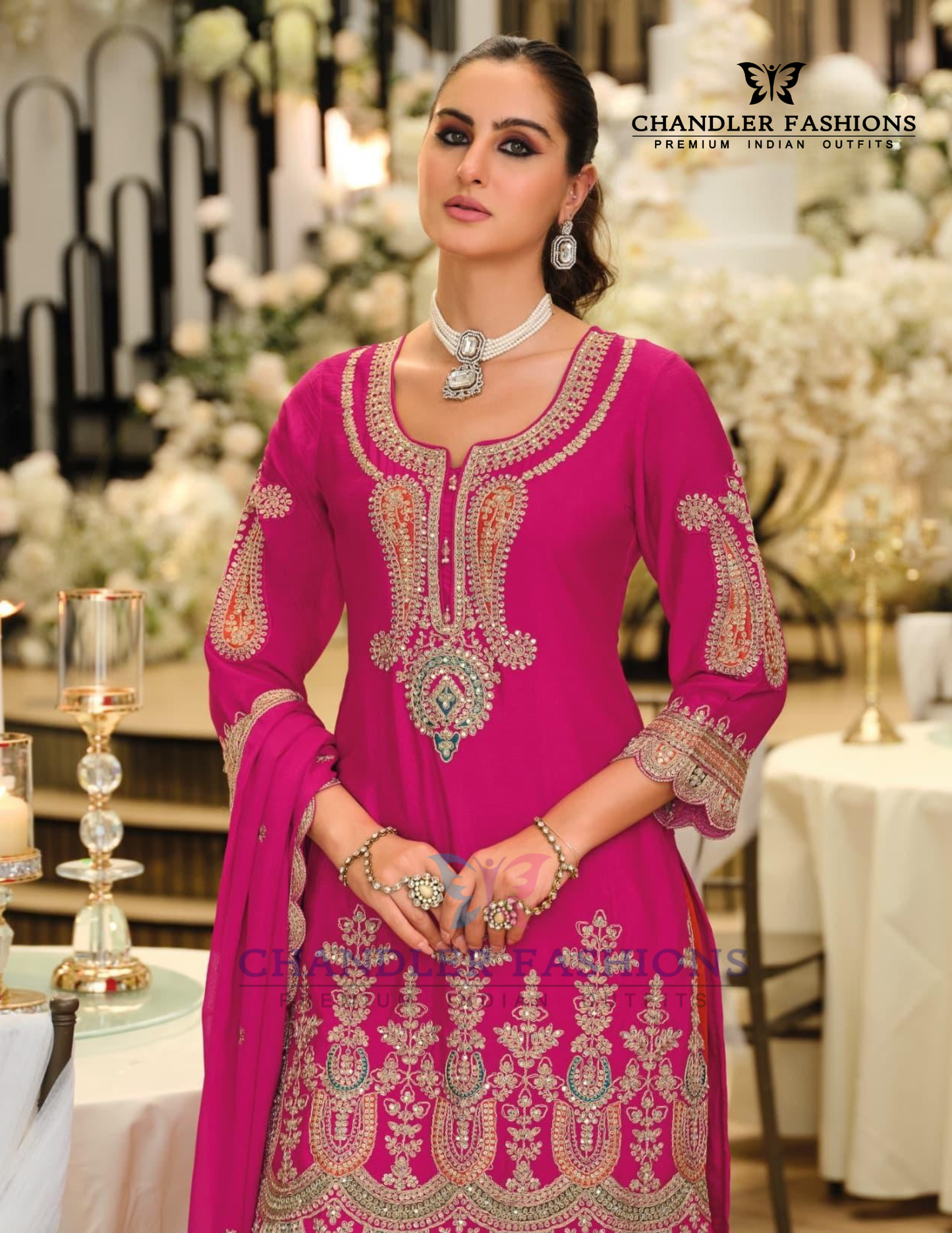 Pink Color Chinon With Embroidery Work Palazzo Suits And Dupatta In USA