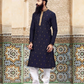 Alluring Navy Blue Color Embroidery Work Slub Silk Kurta With Pajama Set For Men 