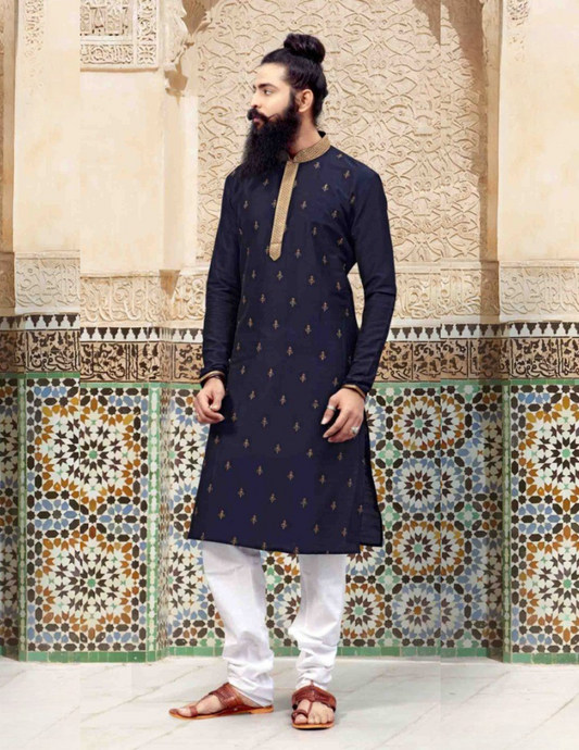 Alluring Navy Blue Color Embroidery Work Slub Silk Kurta With Pajama Set For Men 