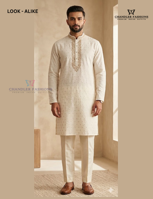 Charming White Color Jacquard  With Zardozi Work Kurta Pajama For Men