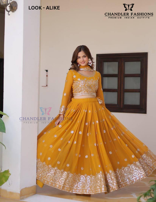 Ravishing Yellow Color Georgette Embroidery With Sequins Work Lehenga Choli For Women
