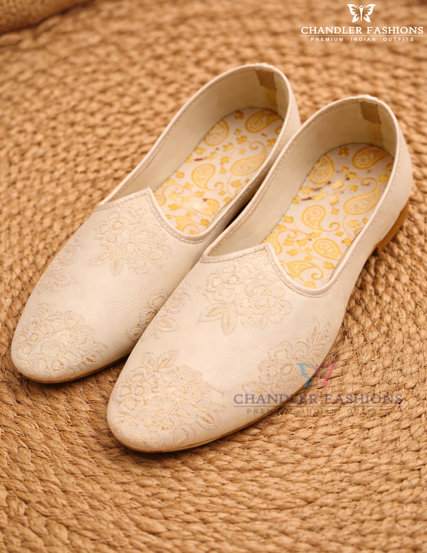 Premium Quality Cream Color Brocade With Embroidery Work Mojaris For Men