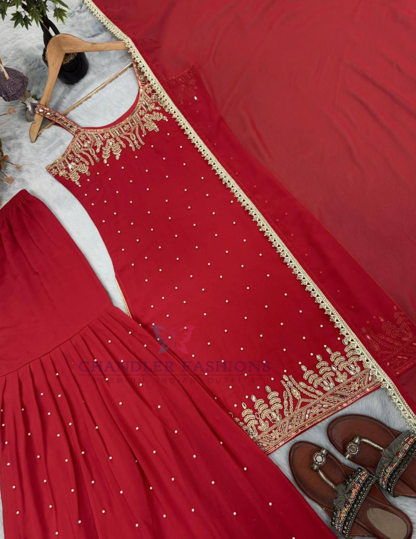 Red Color Georgette Embroidery And Sequins Work Palazzo Suits In Mesa