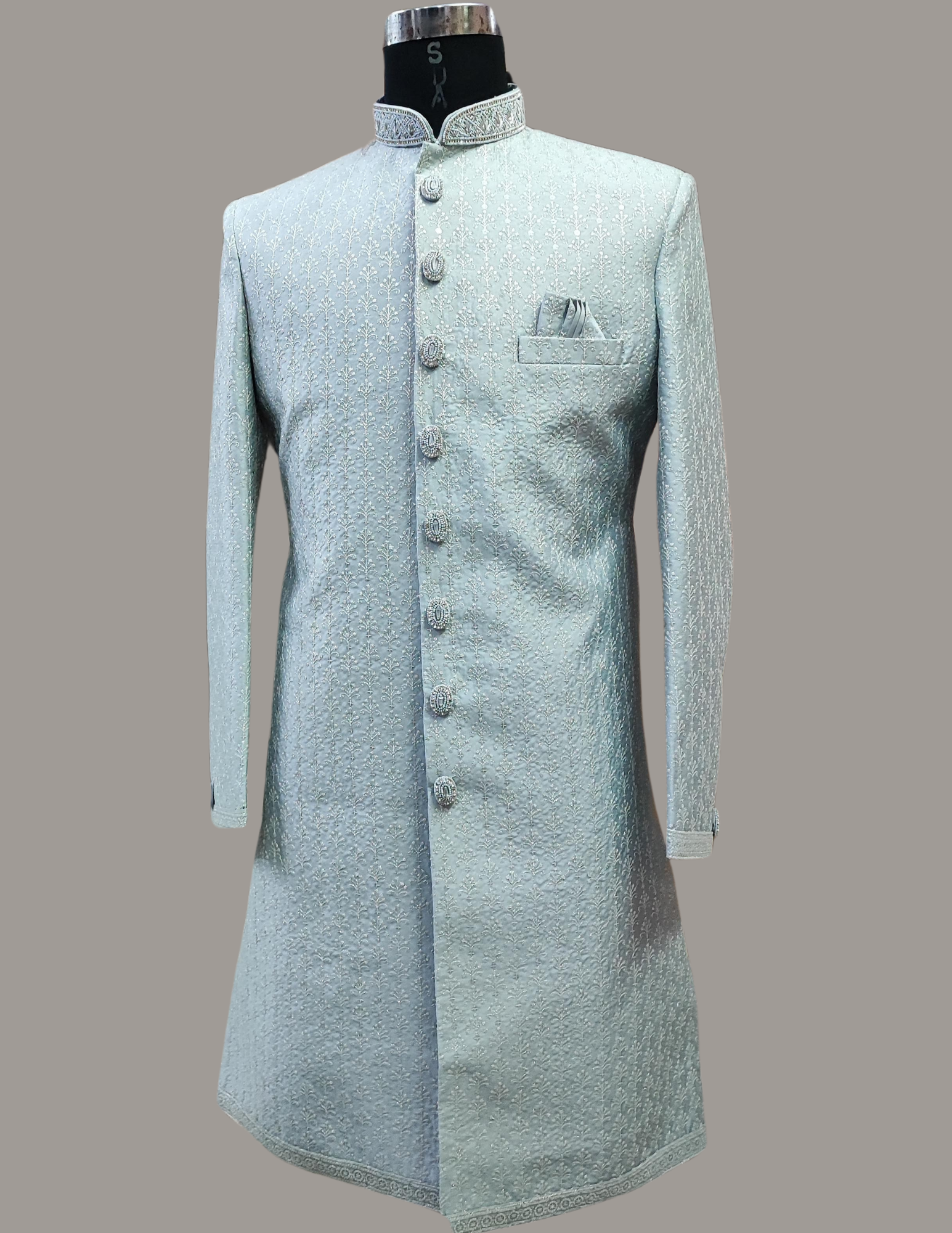 Dazzling Gray Color Embroidery Work Sherwani Suit For Men