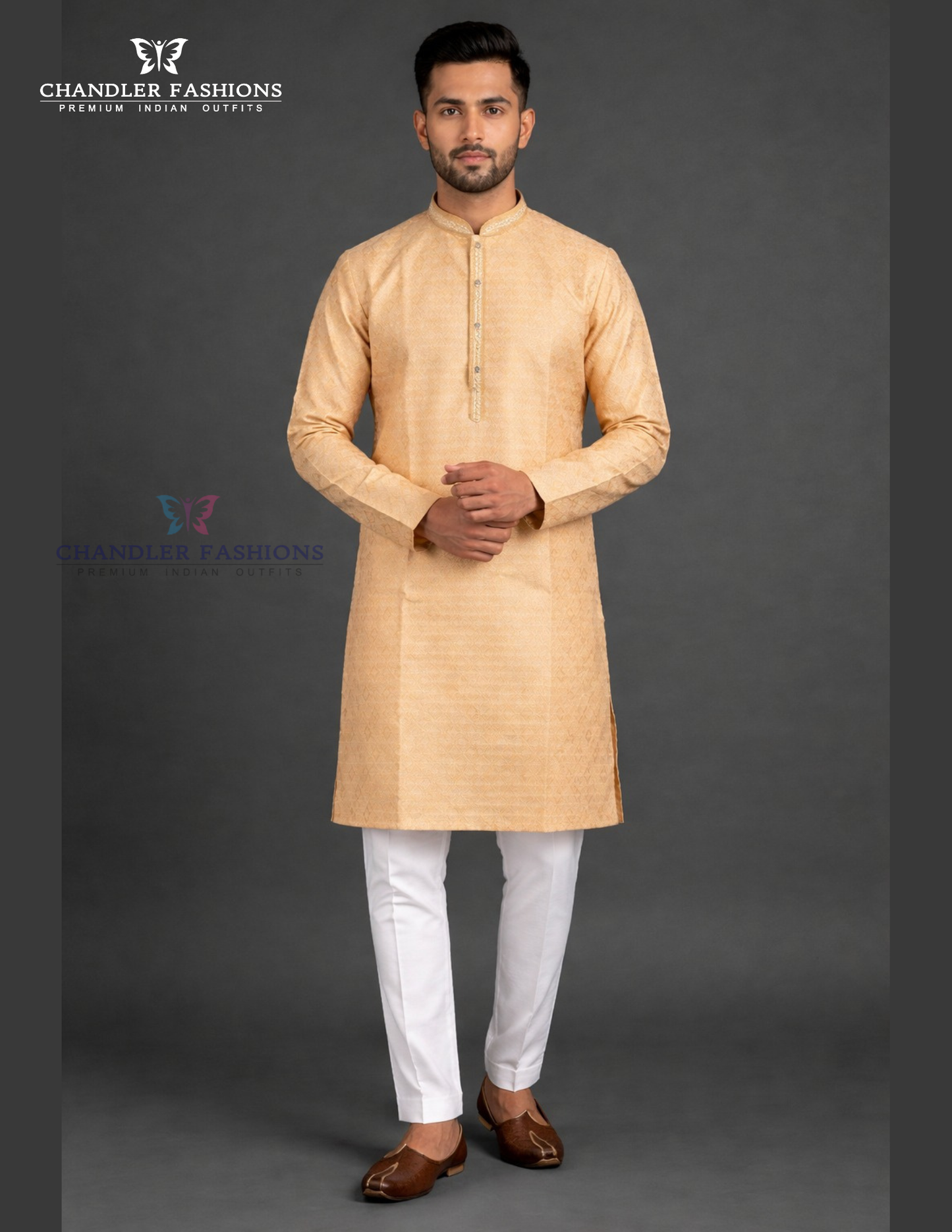 Stunning Beige Color Brocade With Lining Kurta With Pajama Pant For Men