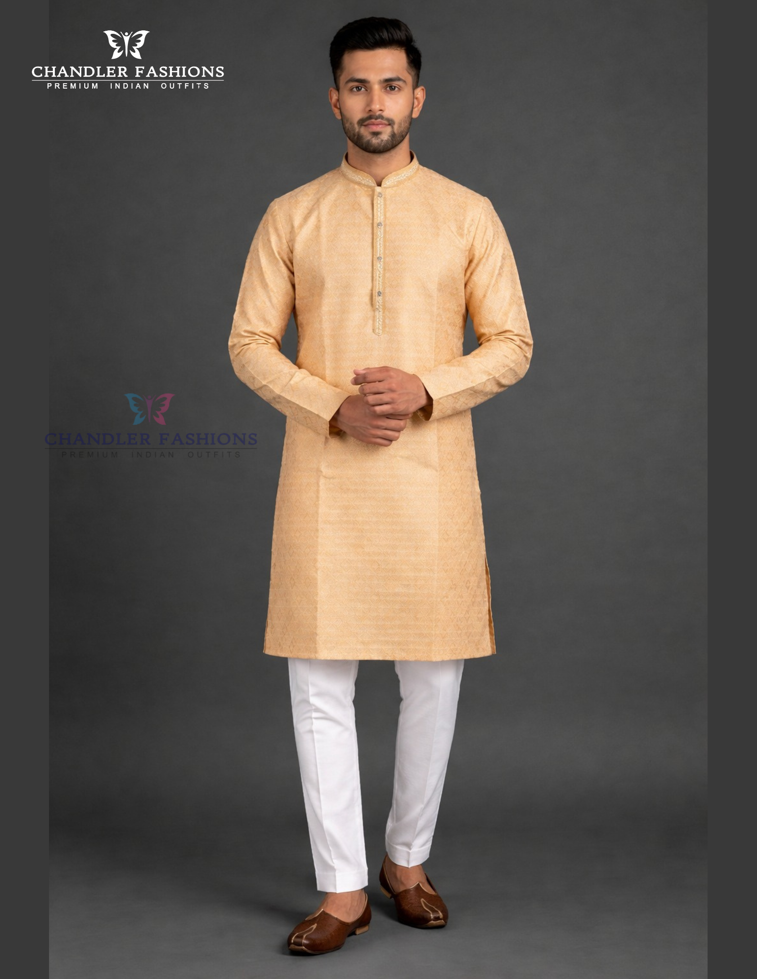 Stunning Beige Color Brocade With Lining Kurta With Pajama Pant For Men