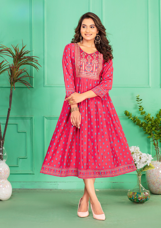 Alluring Rani Pink Color Screen Print Flared Long Kurti With Computer Embroidery Yock With Lace Kurti For Women