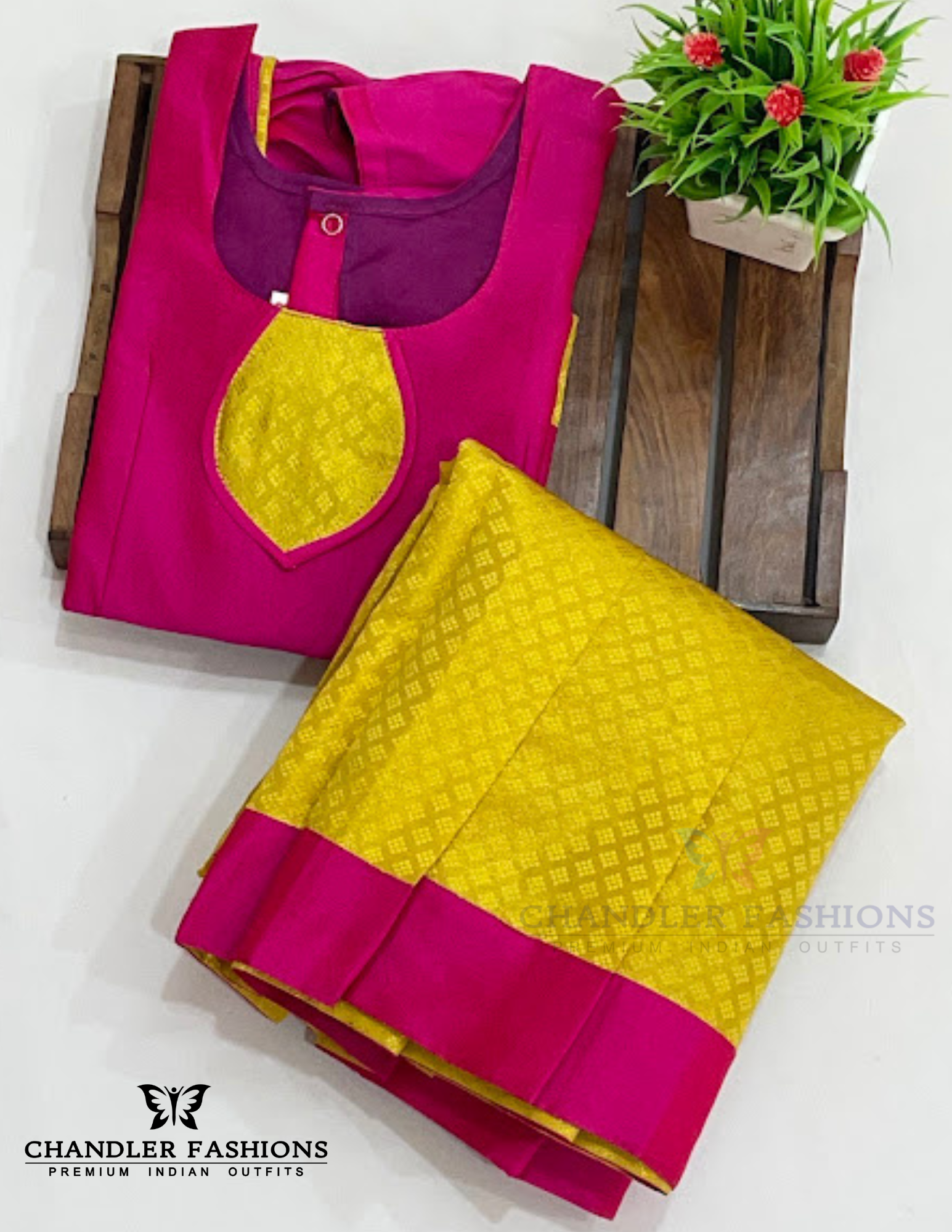 Pleasing Pink And Yellow Colored Silk Langa Sets With Stone Work In USA