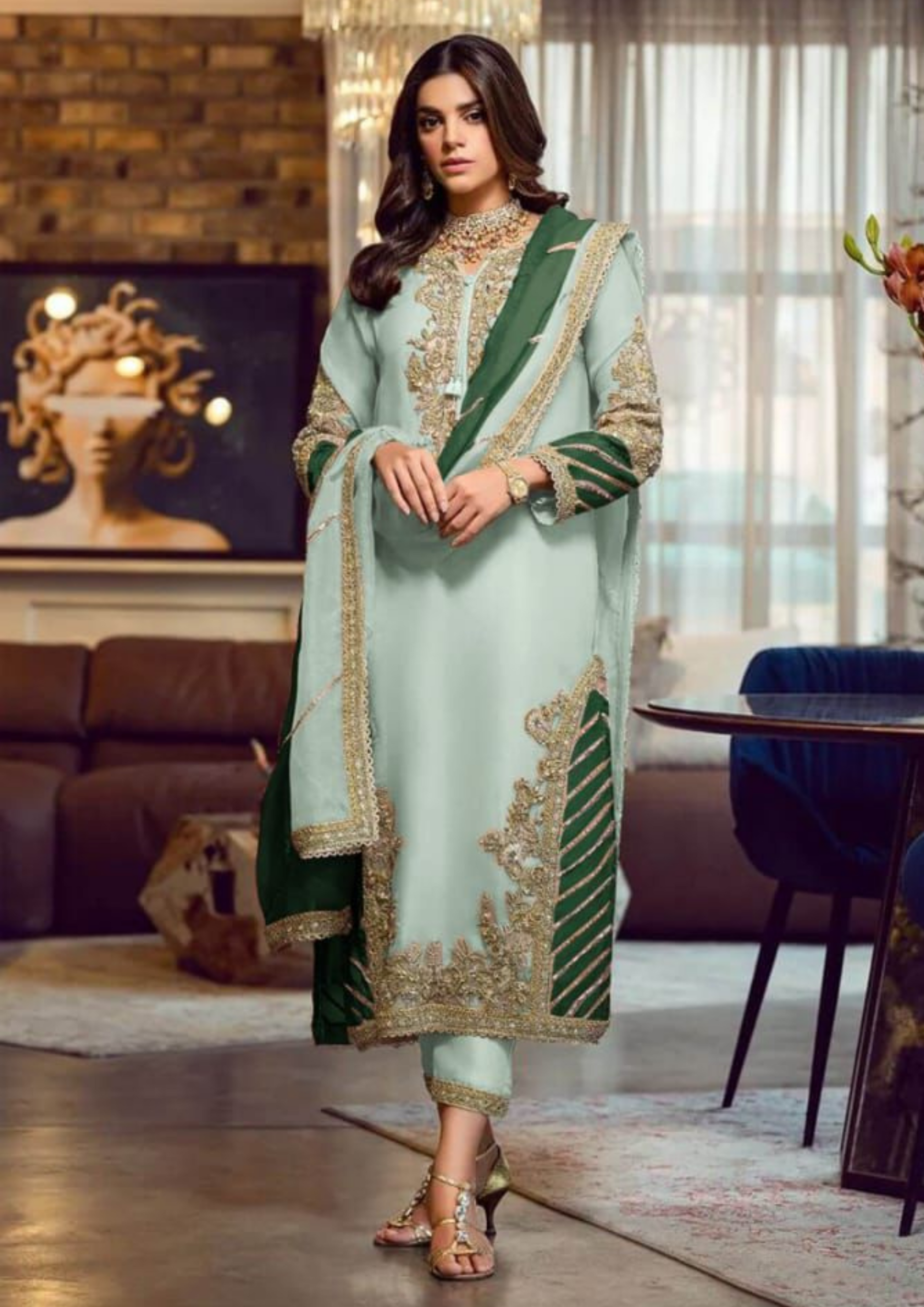 Attractive Green Color Faux Georgette Designer Salwar Suits With Dupatta For Women