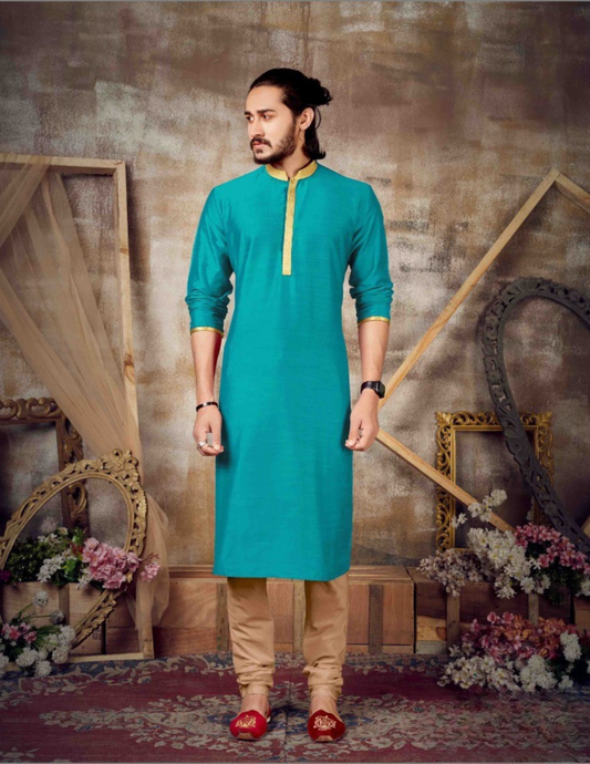Elegant Firozi Color Slub Silk Kurta Suits With Pajama Set For Men's