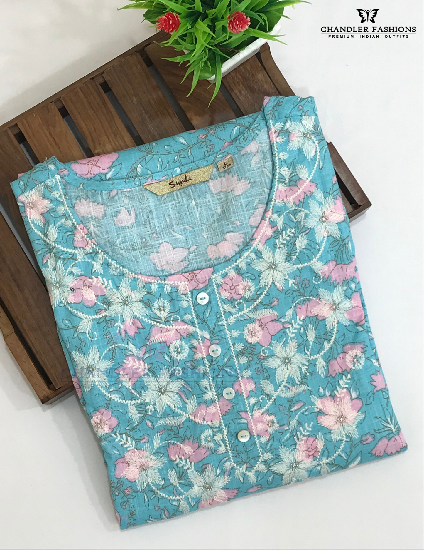 Sky Blue Color Cotton With floral And Embroidery Work Kurti In USA