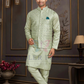 Attractive Light Green Color Silk Mastani Thread Work Kurta With Pajama And Jacket Set For Men