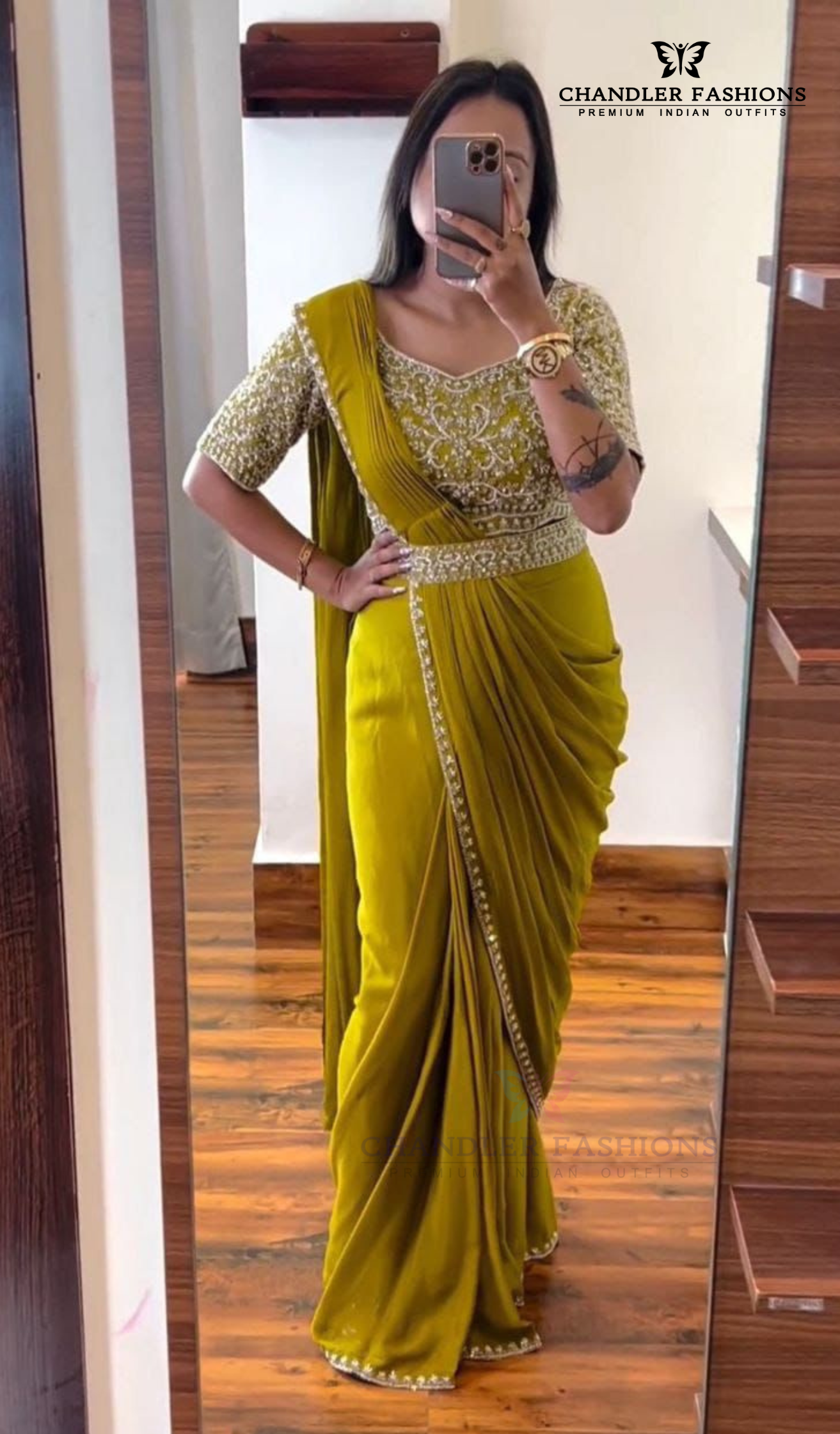 Gorgeous Lime Green Color Chinon Ready To Wear Saree Near Me