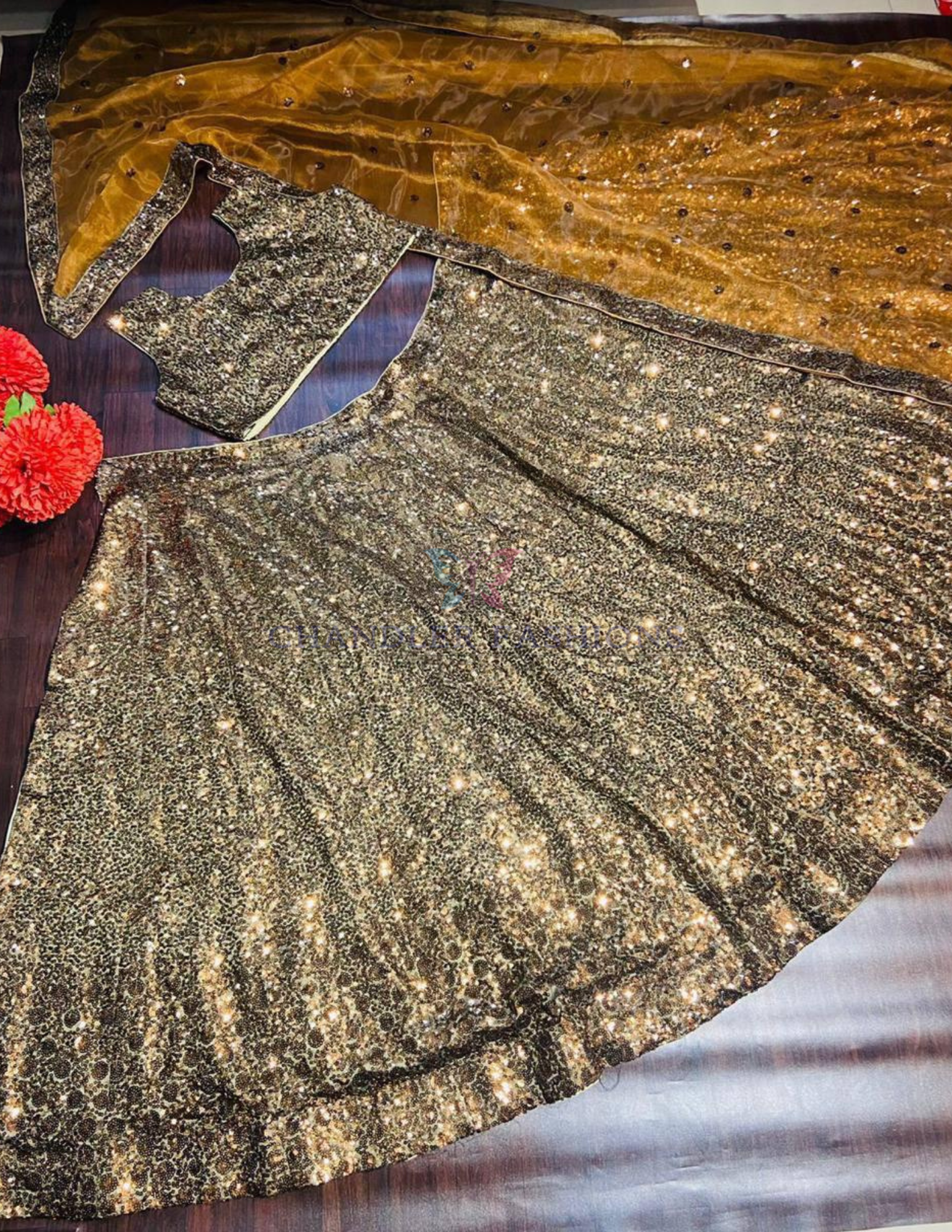  Golden Color Sequins Work Lehenga In Chandler 