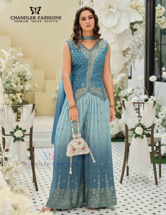 Pleasing Teal Blue Color Pure Viscose Palazzo Suits With Embroidery Work For Women