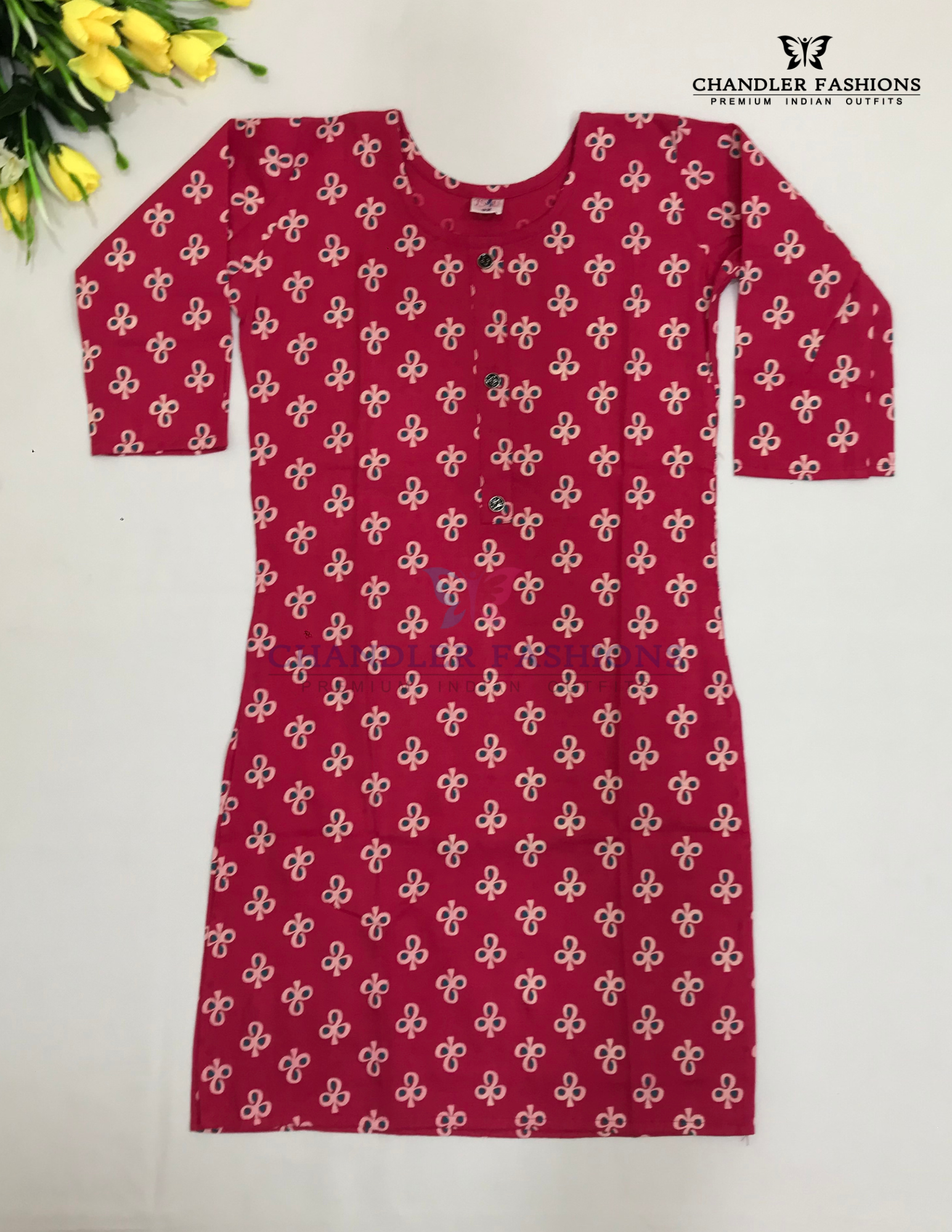 Pleasing Pink Color With Printed Work Rayon Kurti For Girls