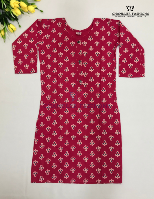Pleasing Pink Color With Printed Work Rayon Kurti For Girls