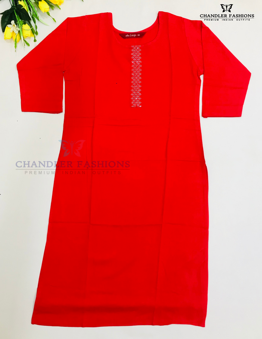 Delightful Red Color Rayon Stone Work Kurti For Girls