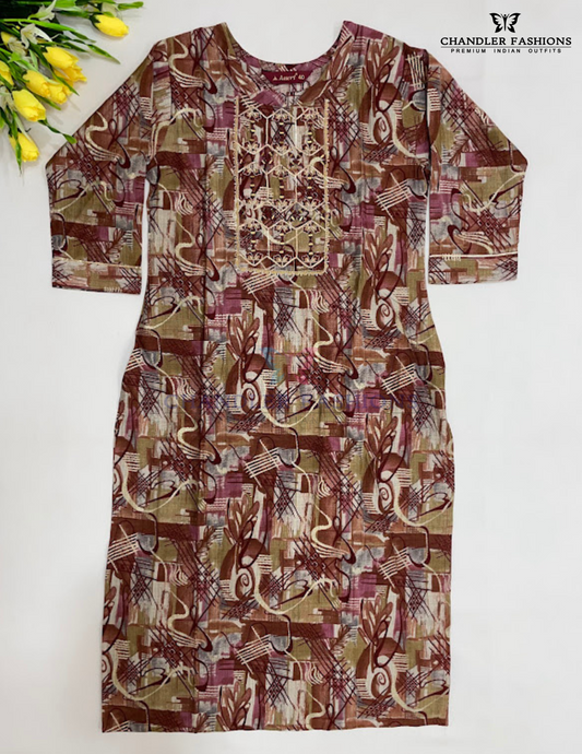 Attractive Multicolor With Embroidery And Mirror Work Silk Cotton Kurti For Girls