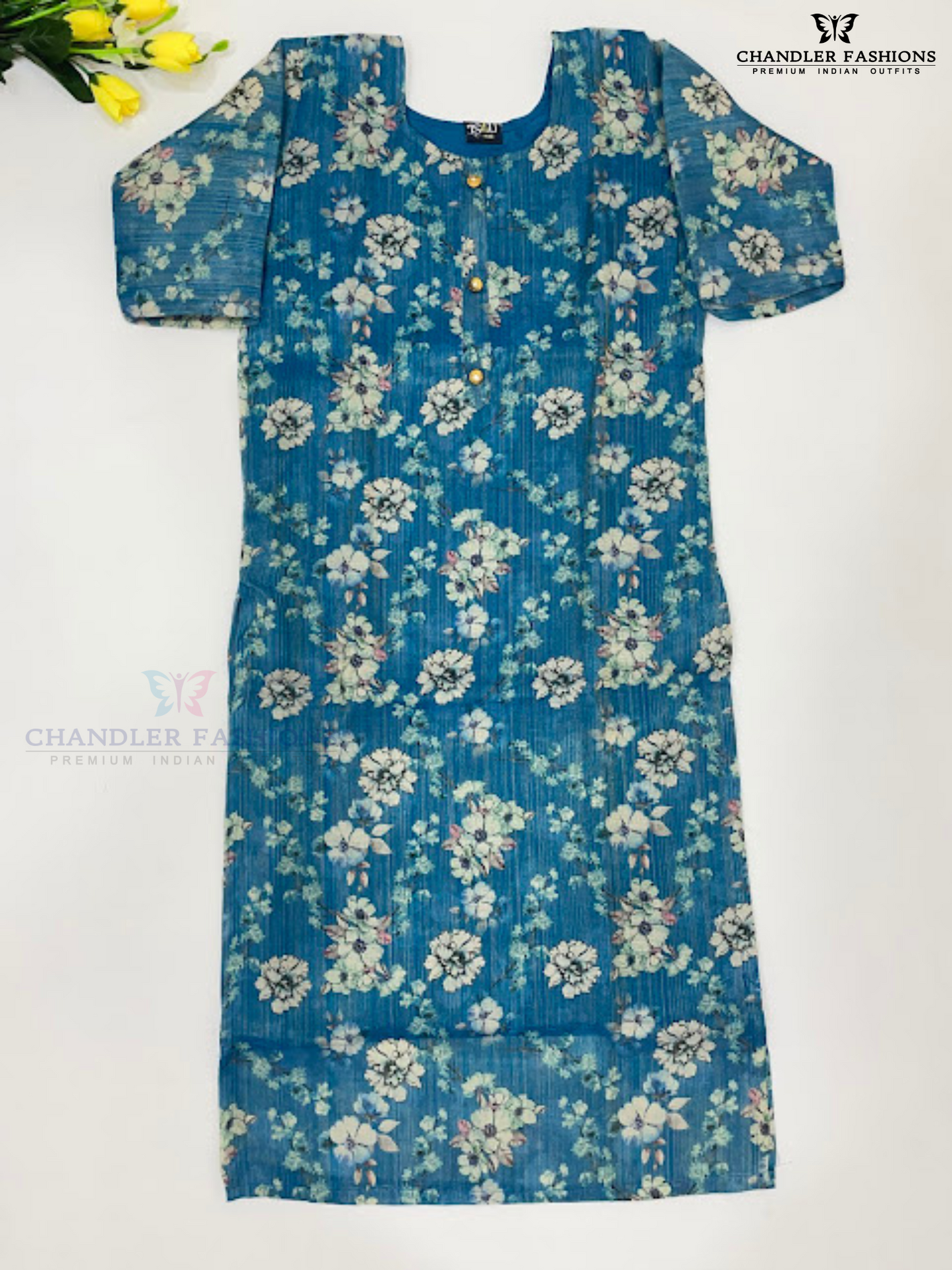 Charming Blue Color Tissue Silk With Floral Design Work Kurti For Women