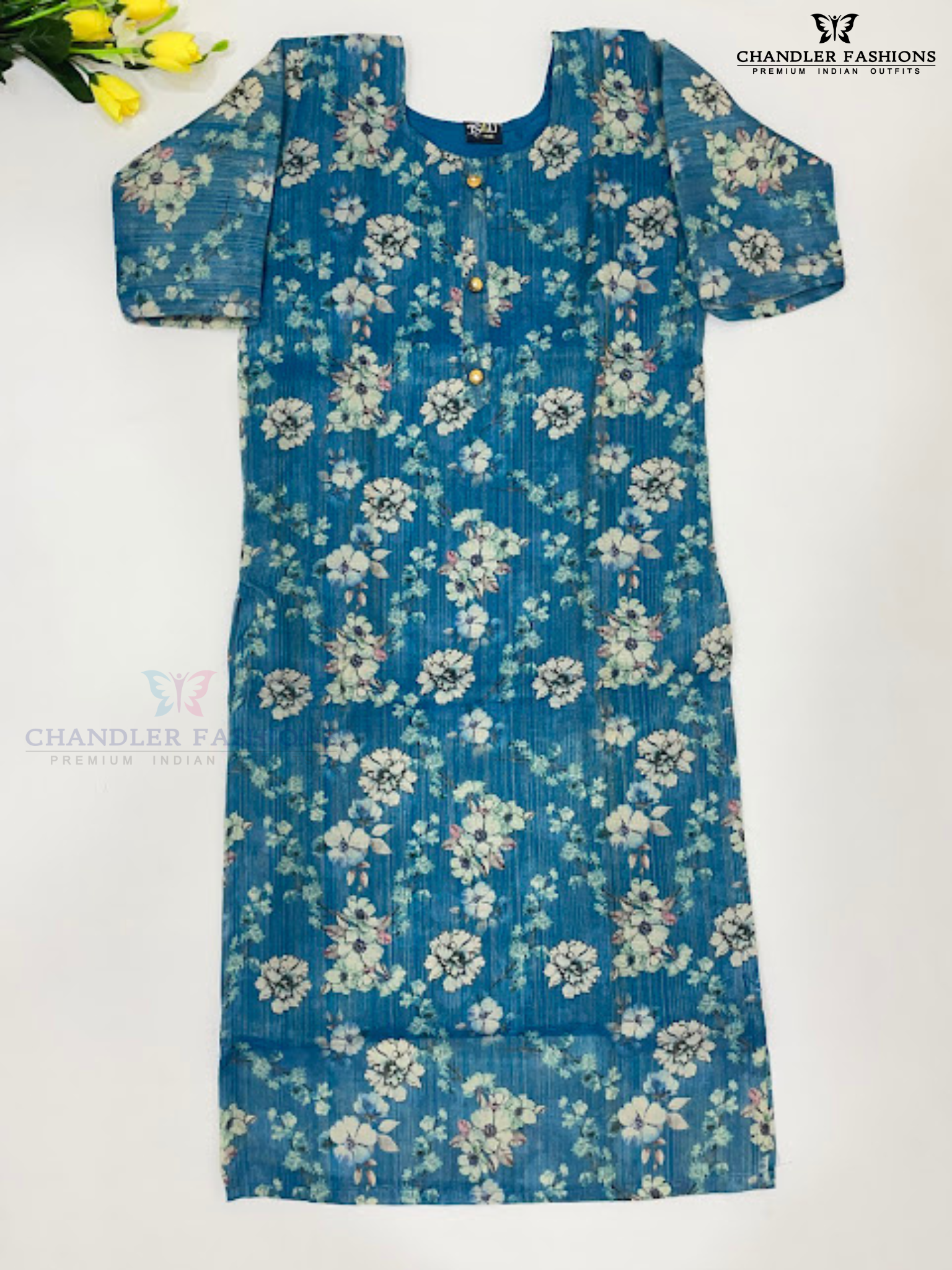 Charming Blue Color Tissue Silk With Floral Design Work Kurti For Women