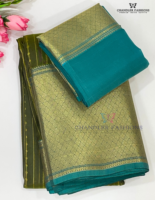 Gorgeous Olive Green Color Pure Kanchi Silk With Rama Green Pallu And Gold Zari With Tradition Motifs Border Work Saree For Women - SILKMARK CERTIFIED