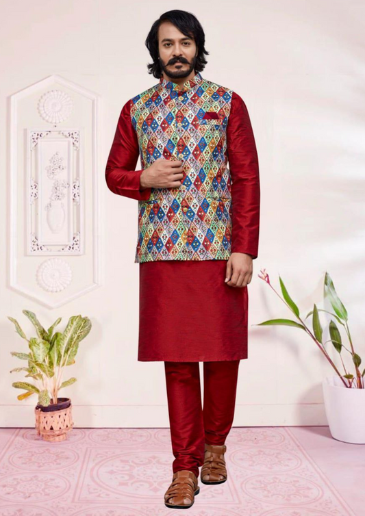 Fanciable Maroon Color Digital Print Work With Silk Kurta And Pajama With Cotton Jacket