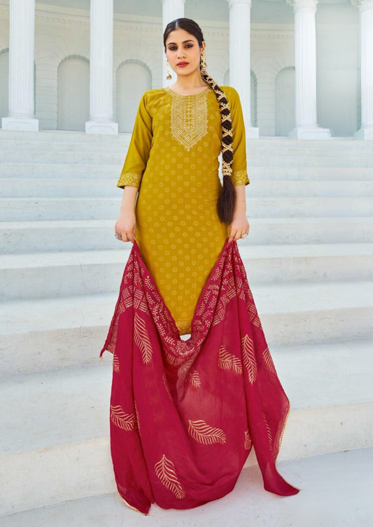 Pleasing Mustard Yellow Rayon With Foil Print Kurti And Dupatta Sets For Women