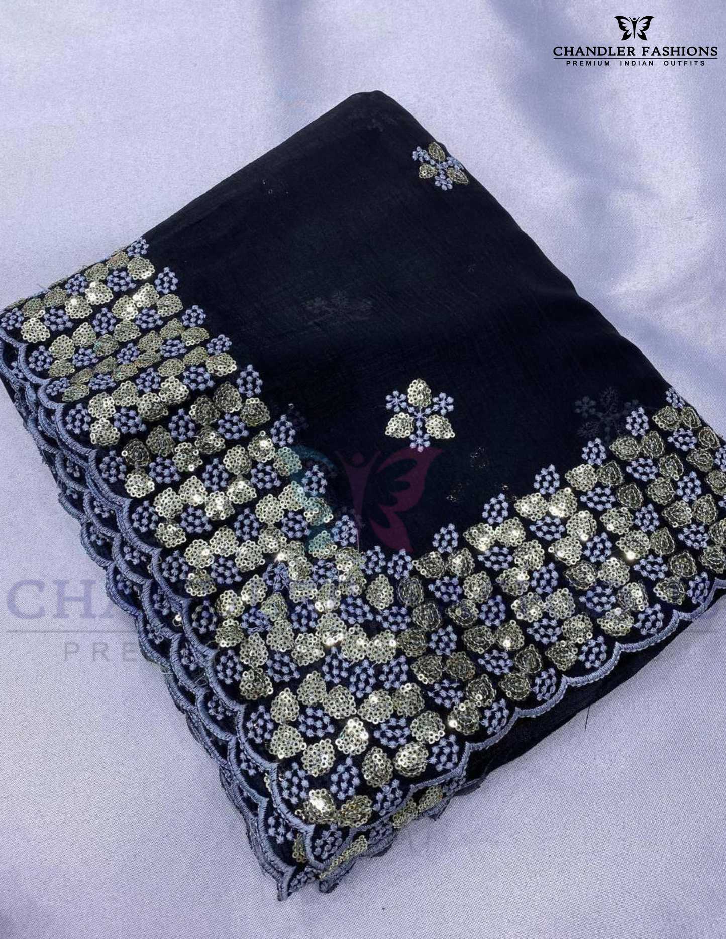 Black Color Gold Tussar Sequins Saree With Embroidery Work In USA