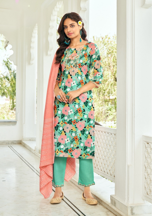 Beautiful Green Color Straight Kurthi With Pant And Fancy Jacquard Dupatta For Women