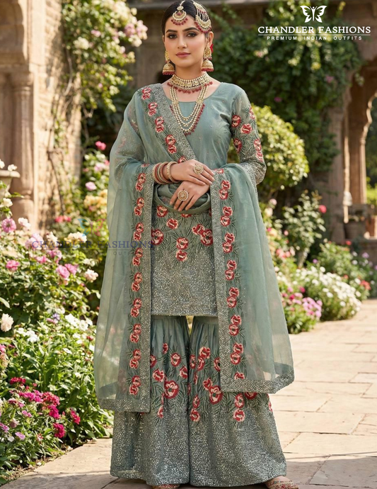 Amazing Light Green Color Fendi Silk With Heavy Embroidery And Sequins Work Sharara Suits For Women