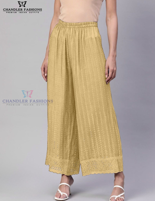 Fabulous Beige Color Rayon With Chikankari Work Palazzo Pant For Women