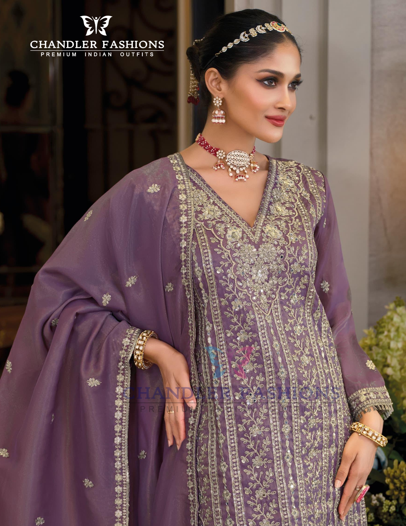 Purple Color Shimmer With Embroidery Work Palazzo Suits And Dupatta In USA