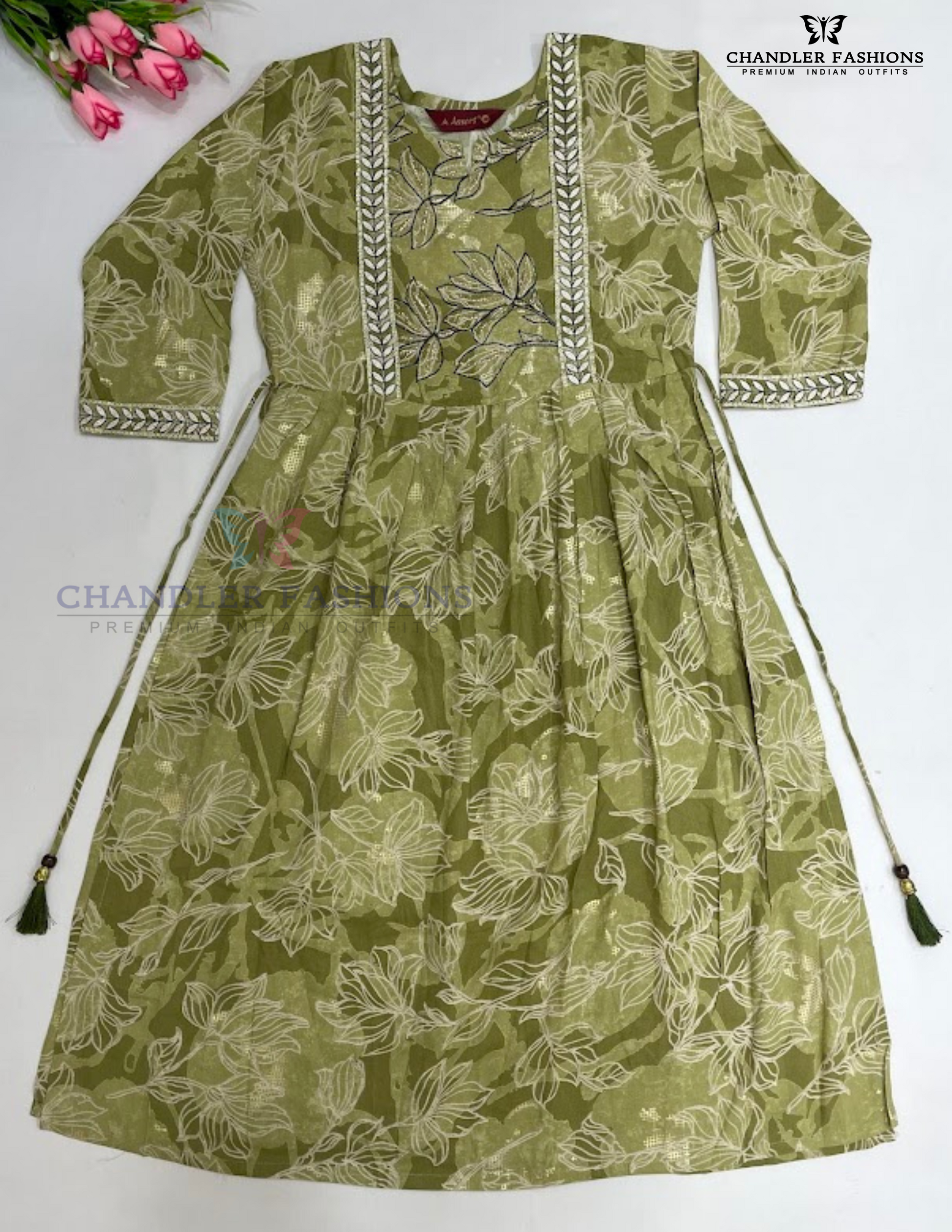Elegant Green Color Rayon With Embroidery And Printed Work Kurti For Girls