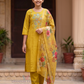 Attractive Mustard Yellow Color Embroidery Work With Silk Kurti Suits For Women