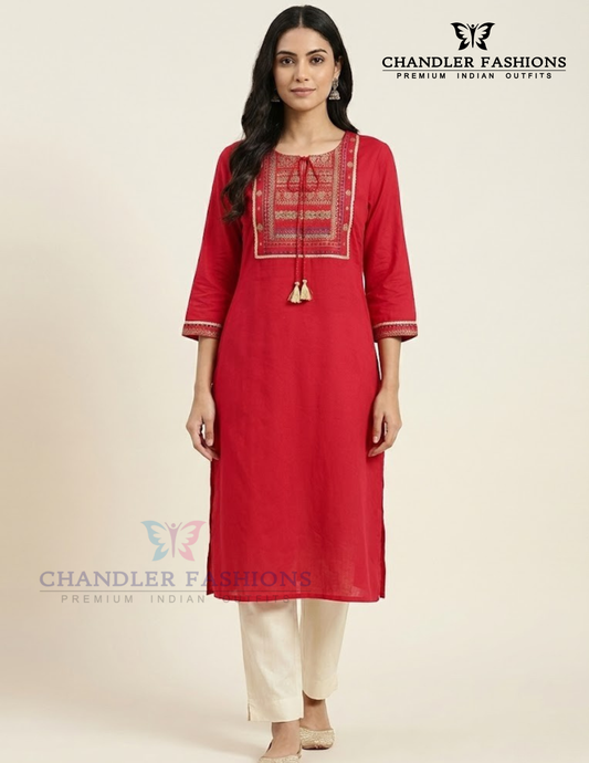 Attractive Red Color Kurti With Embroidery Work For Women
