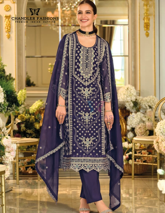 Gorgeous Purple Color Soft Organza Salwar Suits With Embroidery Work For Women