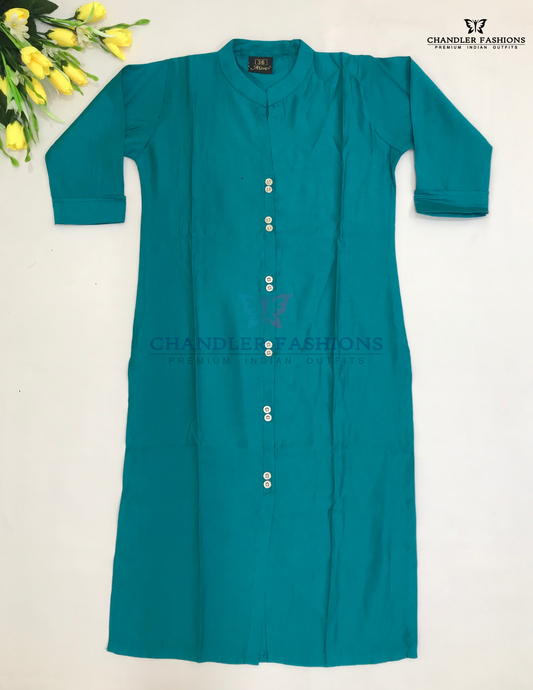 Charming Rama Green Color Self Design Cotton Kurti For Girls