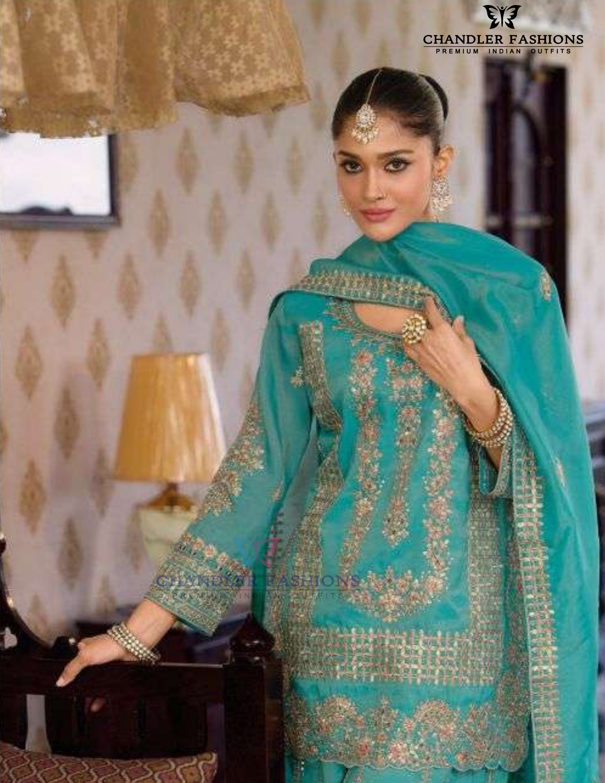 Teal Green Color Shimmer Palazzo Suits With Embroidery Work In Arizona